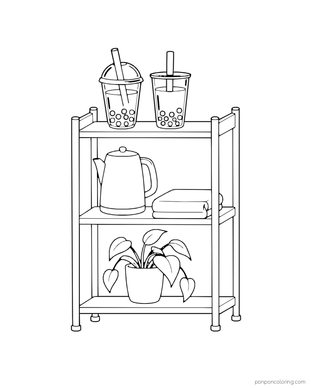 Two boba cups share a shelf with a teapot, folded cloth, and potted plant.