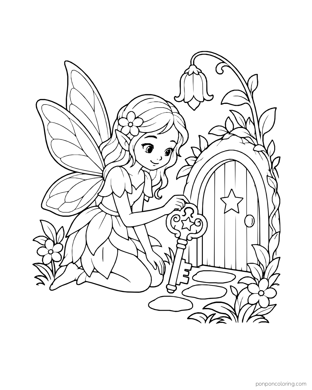 Kneeling fairy holding an ornate key beside a small star-marked door.