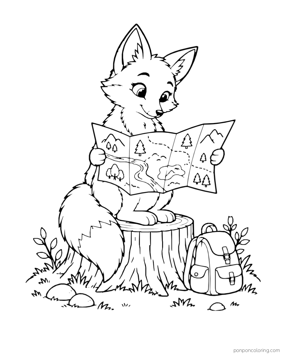 A fox sits on a stump reading a folded map with a backpack beside it.