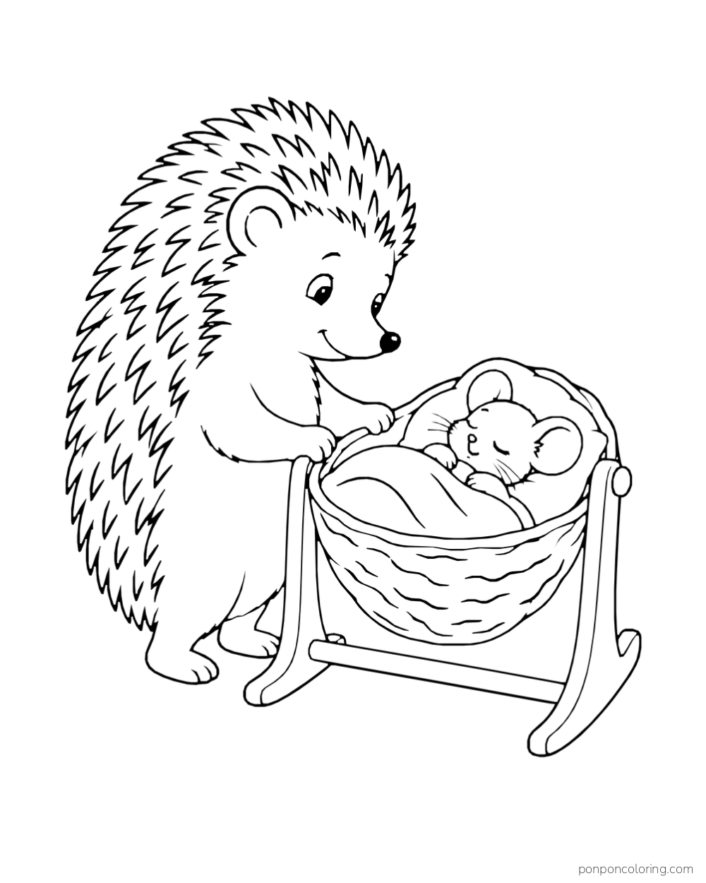 A hedgehog tends a sleeping mouse in a walnut-shaped rocking cradle.