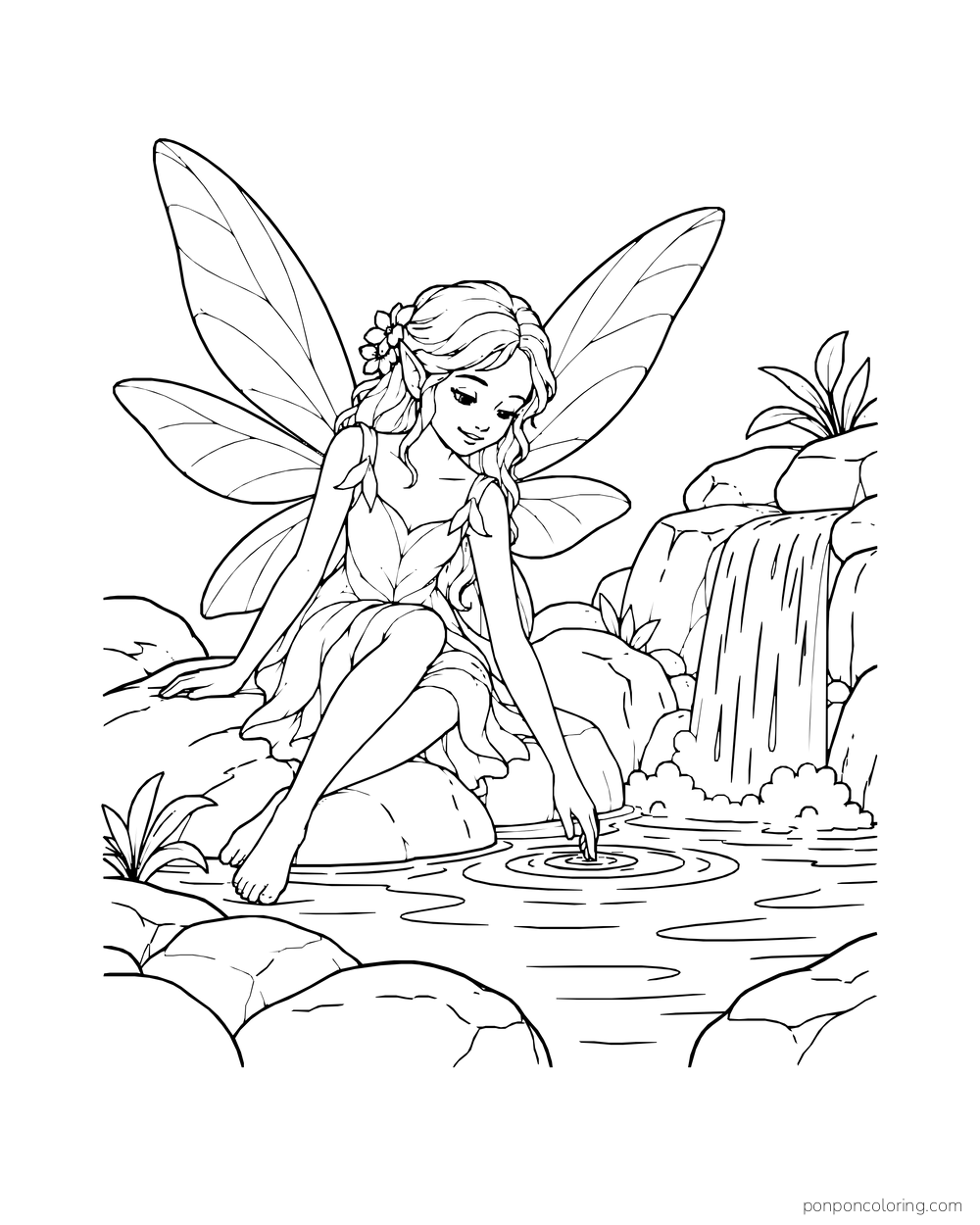 Fairy sitting beside a small waterfall and touching the pool with one hand.