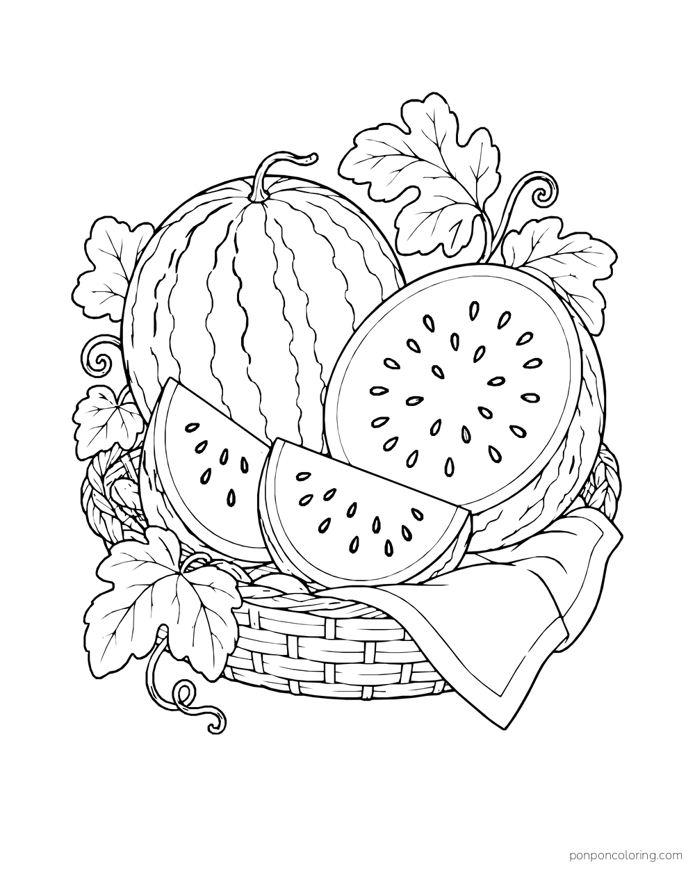 A harvest basket holding a whole watermelon, cut half, and wedges among vine leaves.