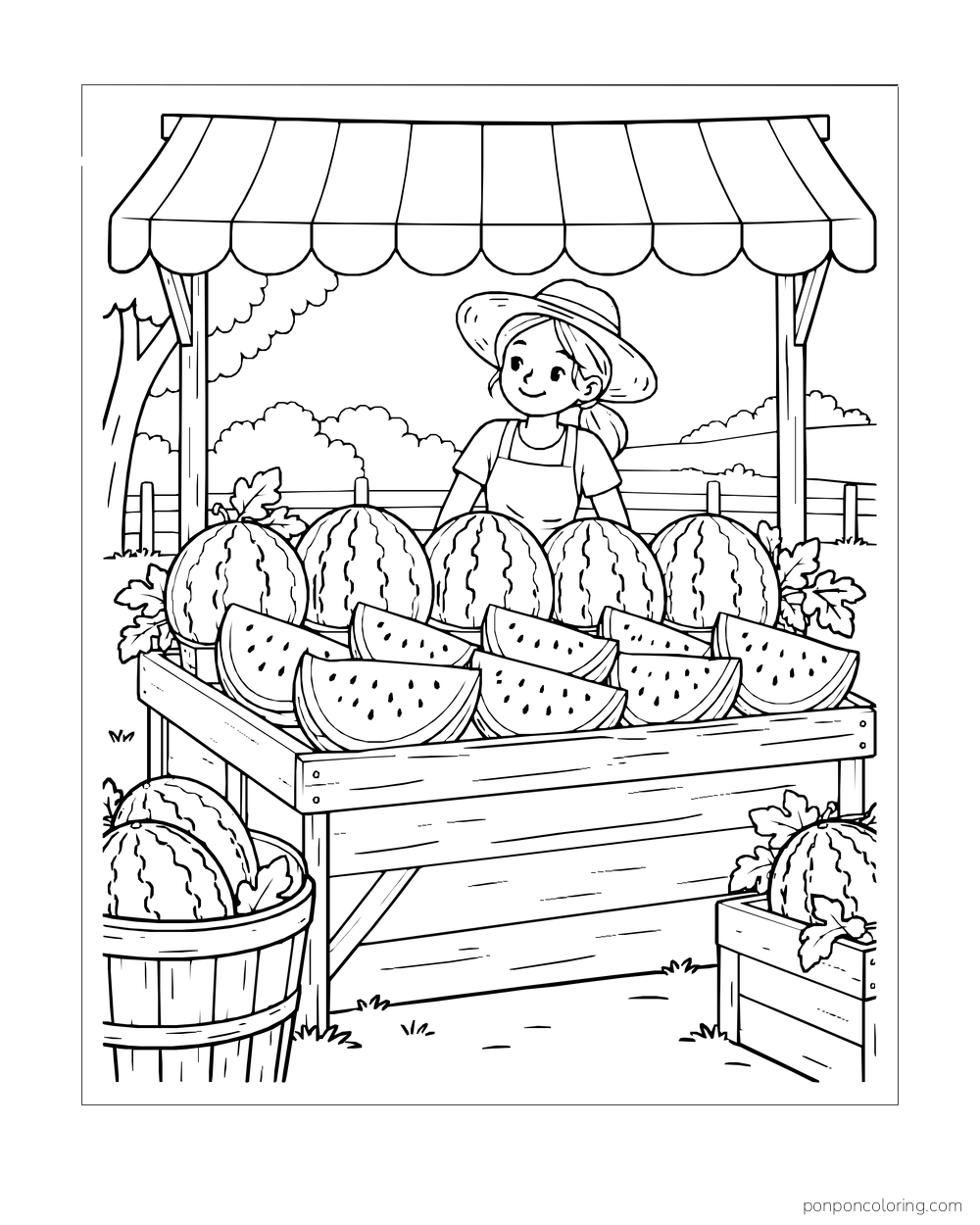 A smiling market seller behind rows of whole and sliced watermelons under a striped awning.