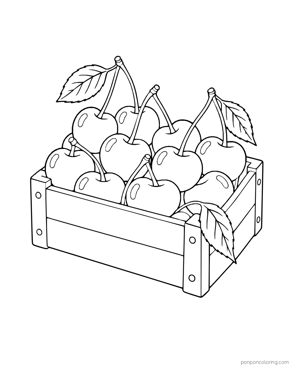 A wooden crate holds a layer of cherries, with stems and leaves rising above its rim.