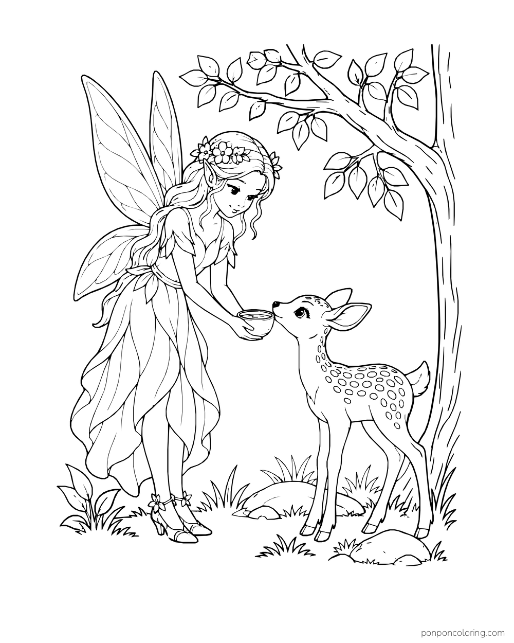 Fairy offering a small cup to a young fawn under a leafy tree.
