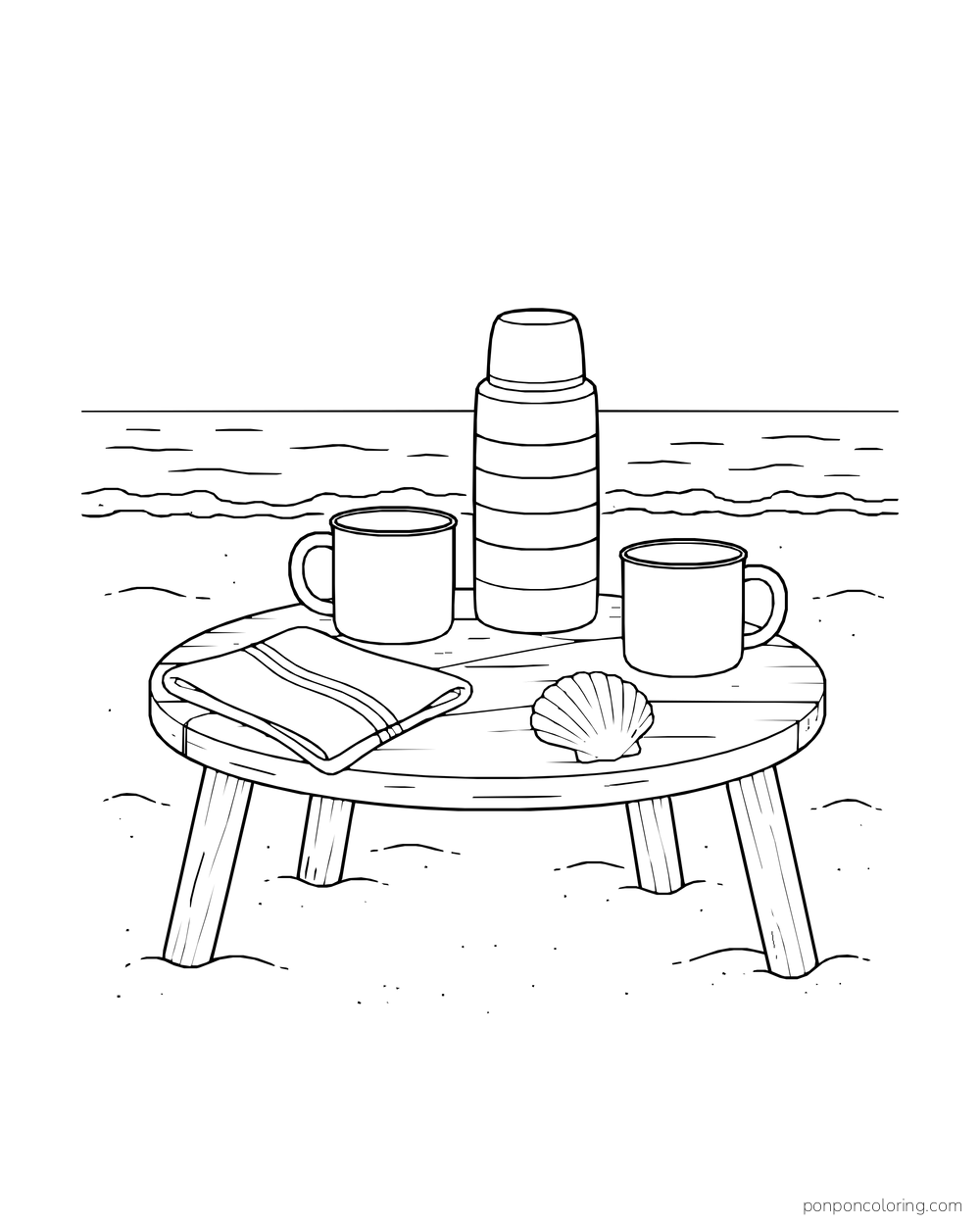 A striped thermos, two mugs, napkin, and shell sit on a low beach table.