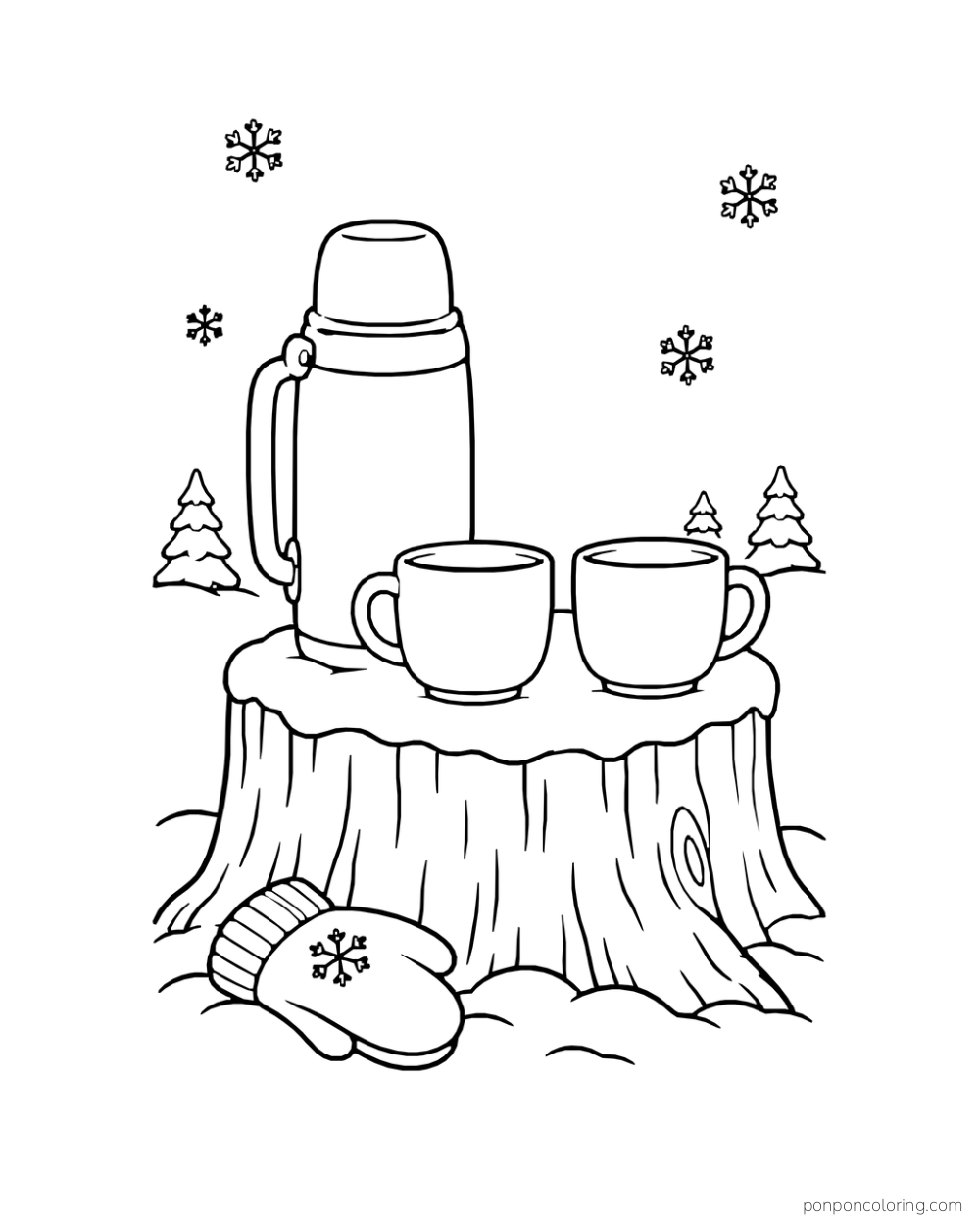 A cocoa thermos and two cups stand on a stump among snowy pines.