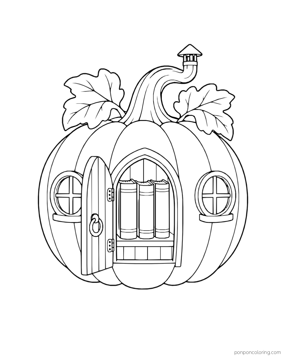A pumpkin-shaped cottage has an open arched door revealing three books, two round windows and a curved chimney.