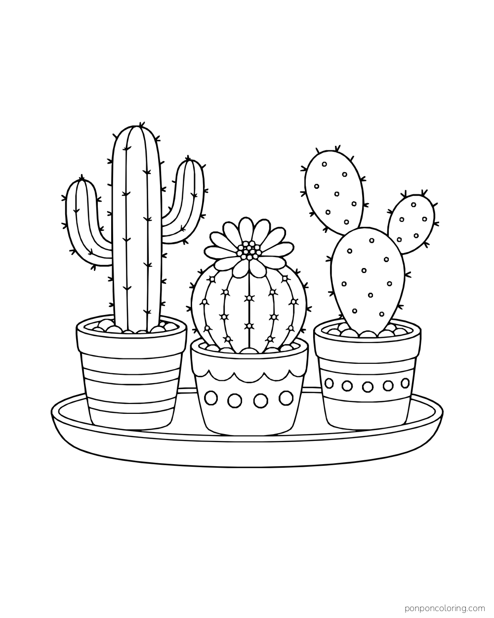 Tall branching cactus, flowering barrel cactus, and paddle cactus in patterned pots on an oval tray.