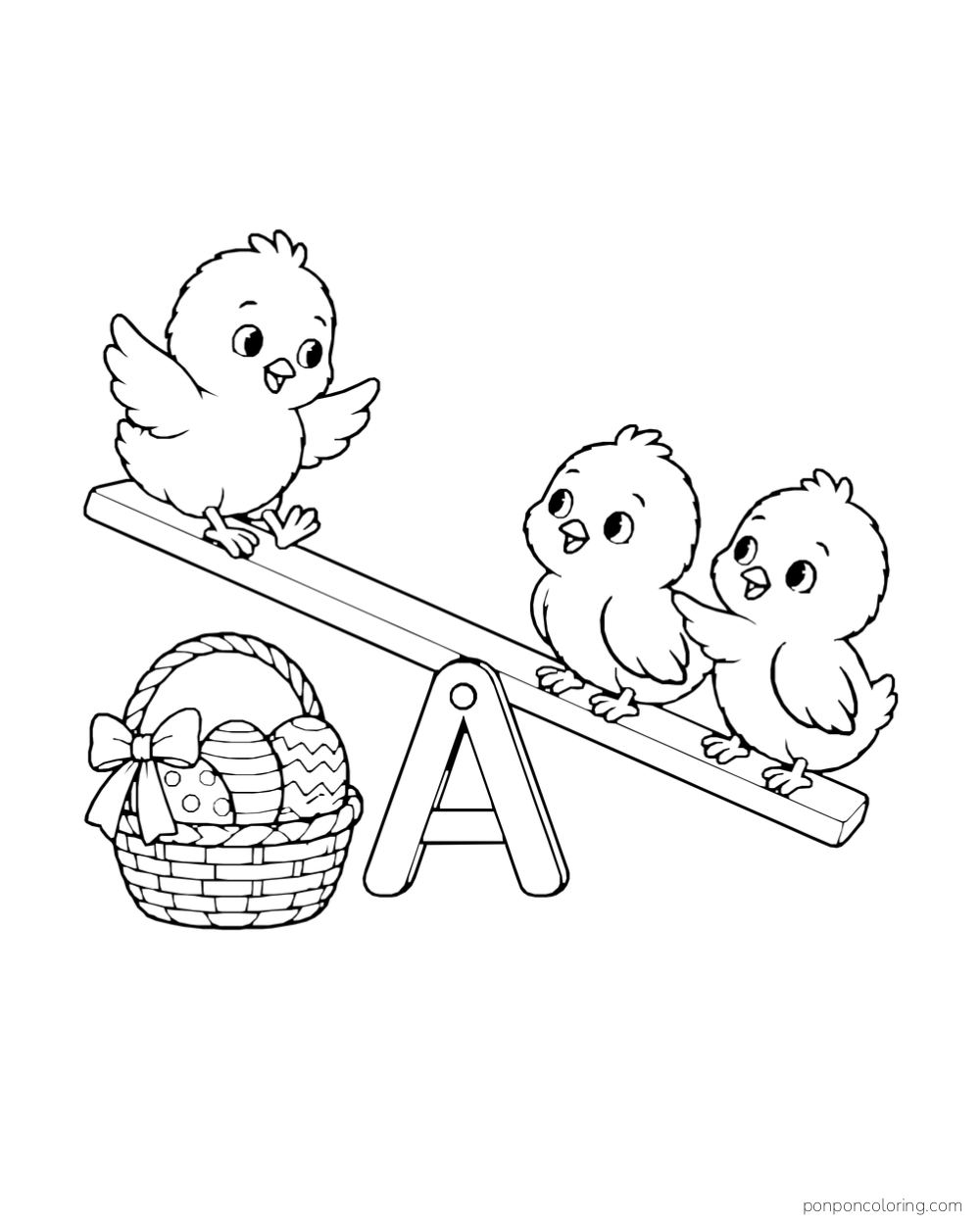 Three chicks balance on a wooden seesaw beside a ribboned basket of patterned eggs.