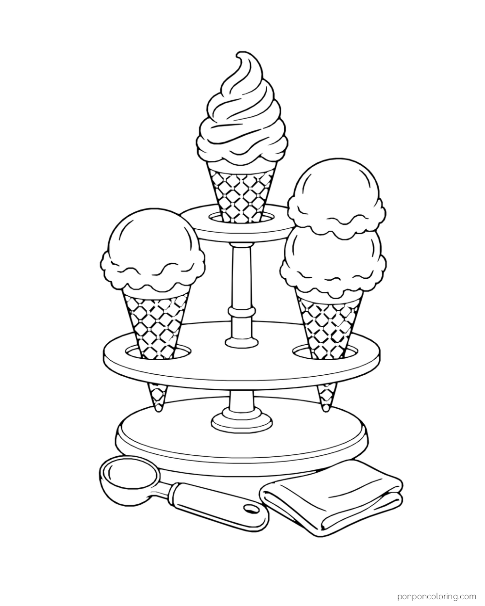 Three upright ice cream cones, including a soft-serve swirl and round scoops, sit on a tiered stand beside a scoop spoon and cloth.
