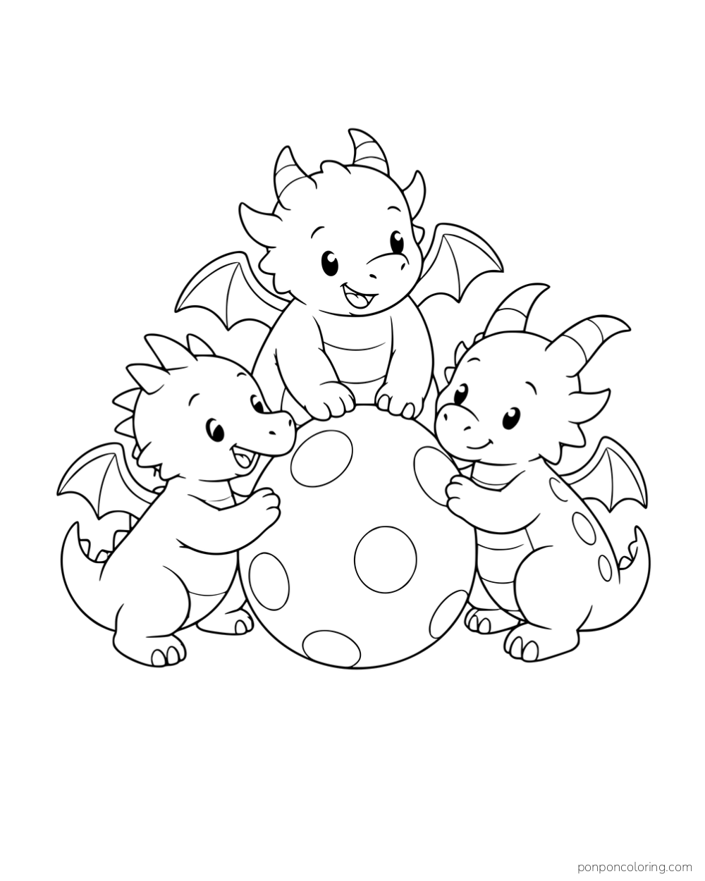 Three baby dragons gathered around a large spotted ball.