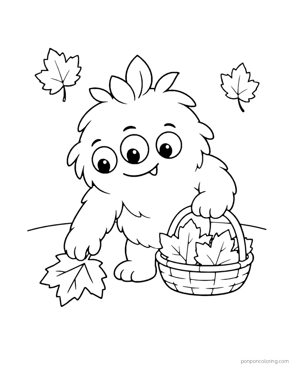 Small three-eyed fluffy monster placing a fallen leaf into a basket of broad leaves.