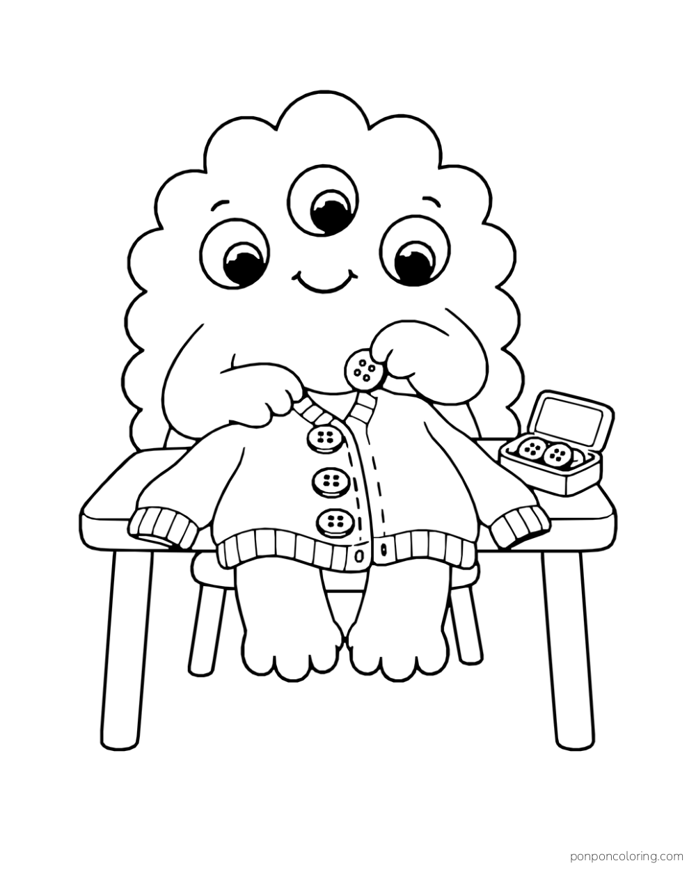 Three-eyed scalloped monster holding a button over a cardigan on a small table.