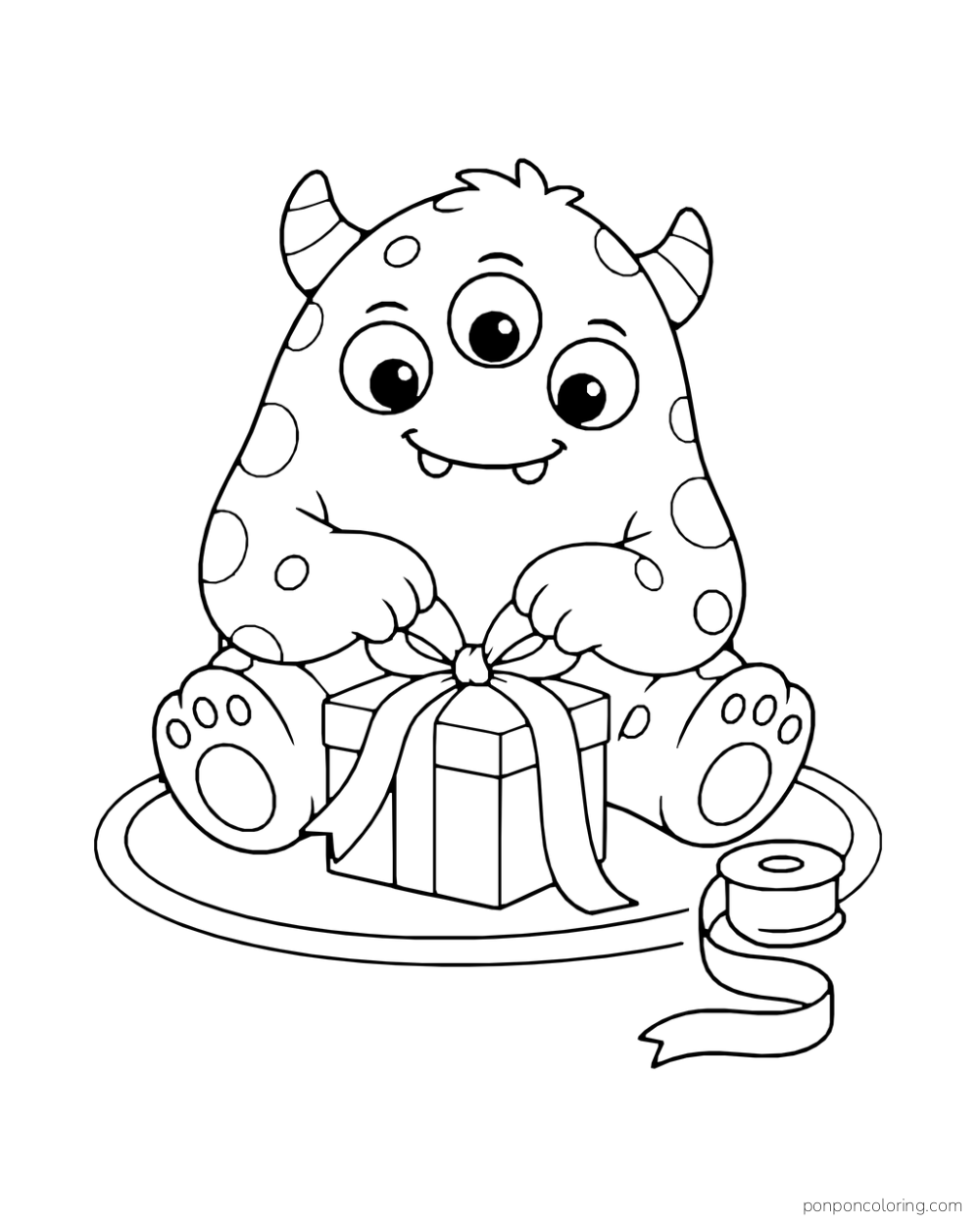 Spotted three-eyed monster seated on a rug tying a ribbon bow around a gift box.