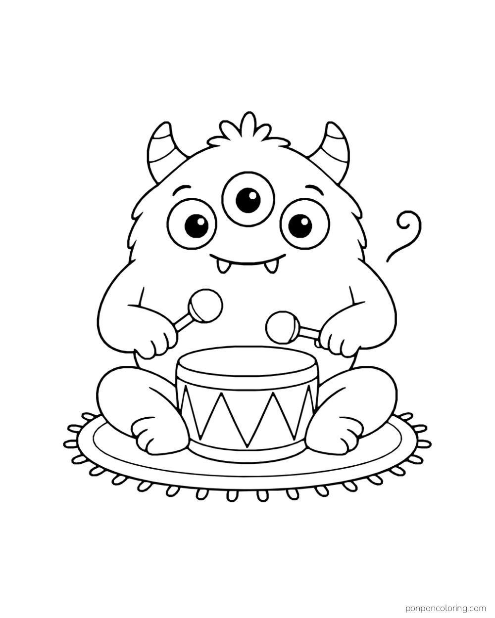 Round three-eyed monster seated on a rug with two mallets over a small drum.