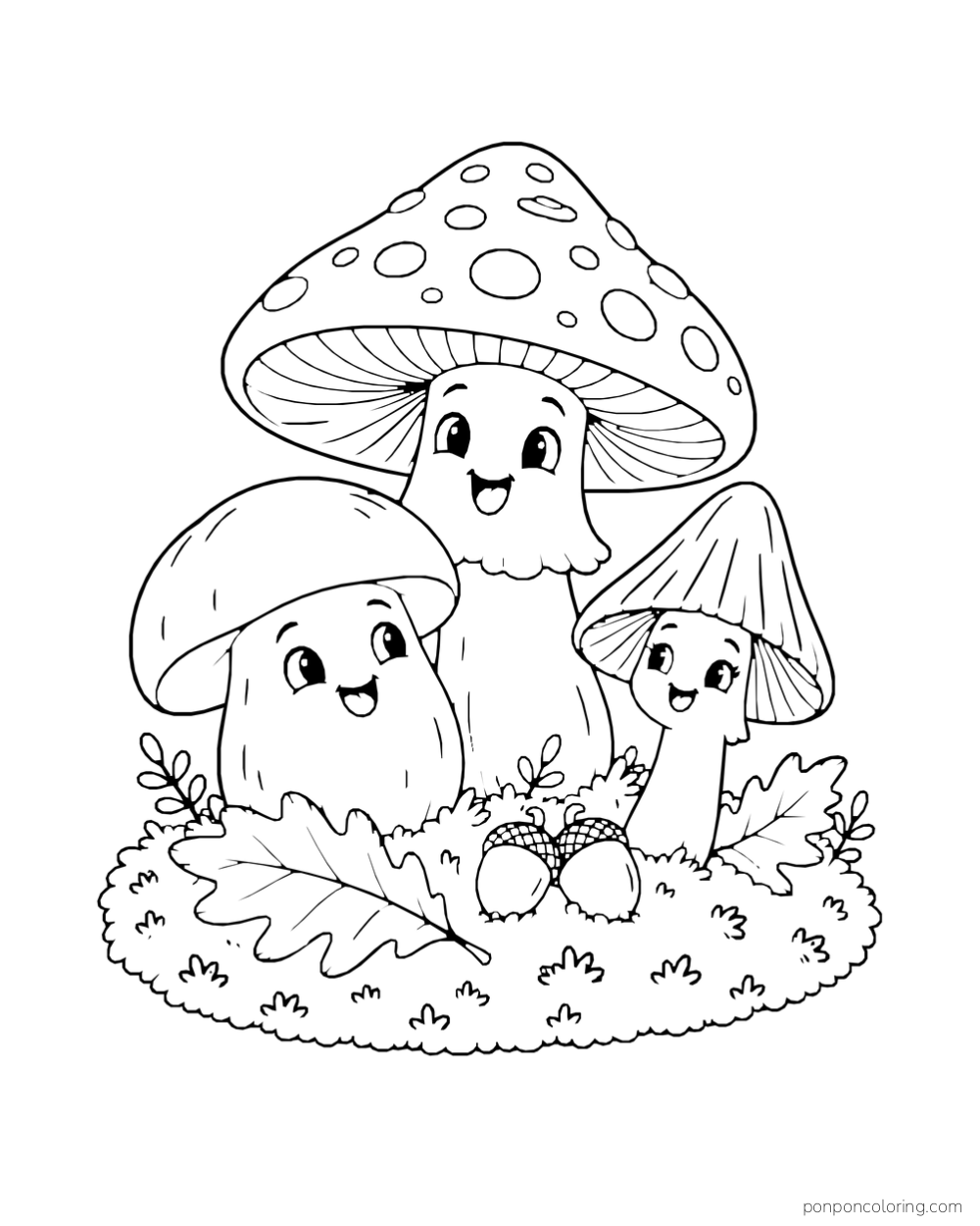 Three smiling mushrooms stand on an oval moss mound with leaves and acorns.