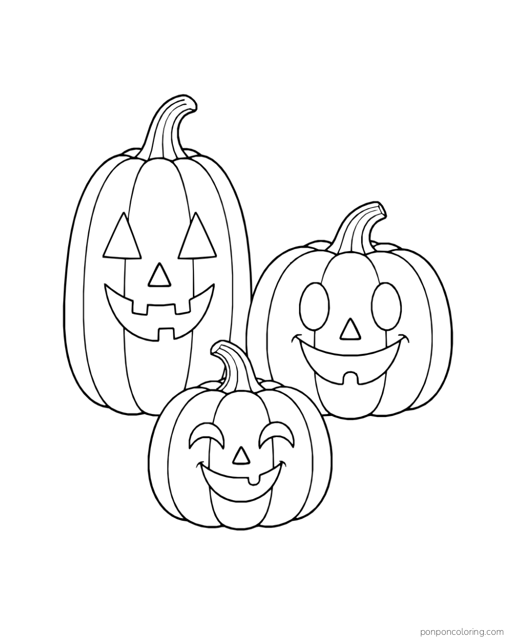 Three jack-o-lanterns have different shapes and triangle, oval and crescent eyes.