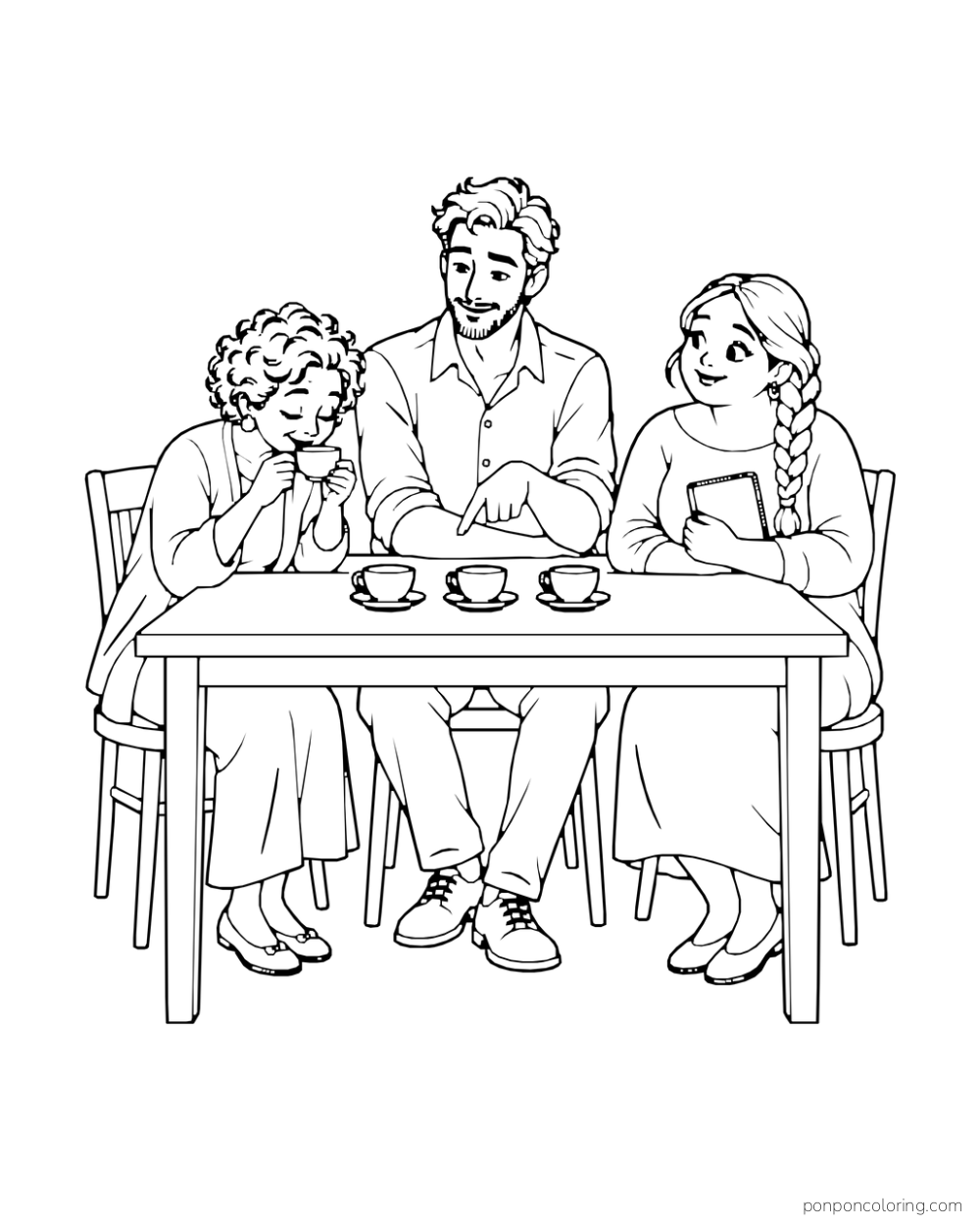 Three friends compare a row of three teacups on saucers at a rectangular table.