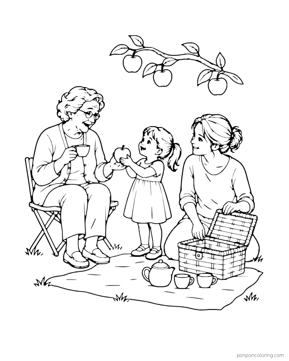 Older adult, parent, and child share tea beside a picnic basket under an apple branch.