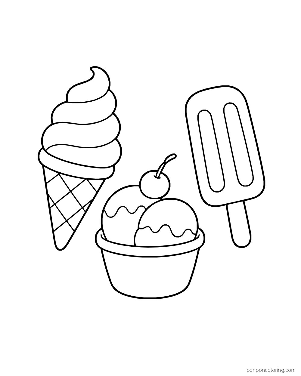A soft-serve cone, two-scoop cup with a cherry, and rectangular ice pop arranged with open space between them.