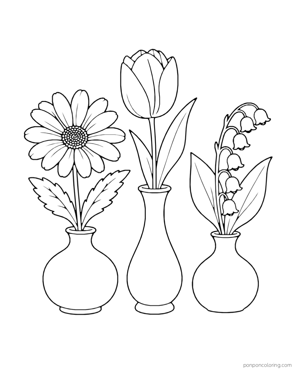 A daisy, a tulip, and lily of the valley stand in three small vases of different shapes.