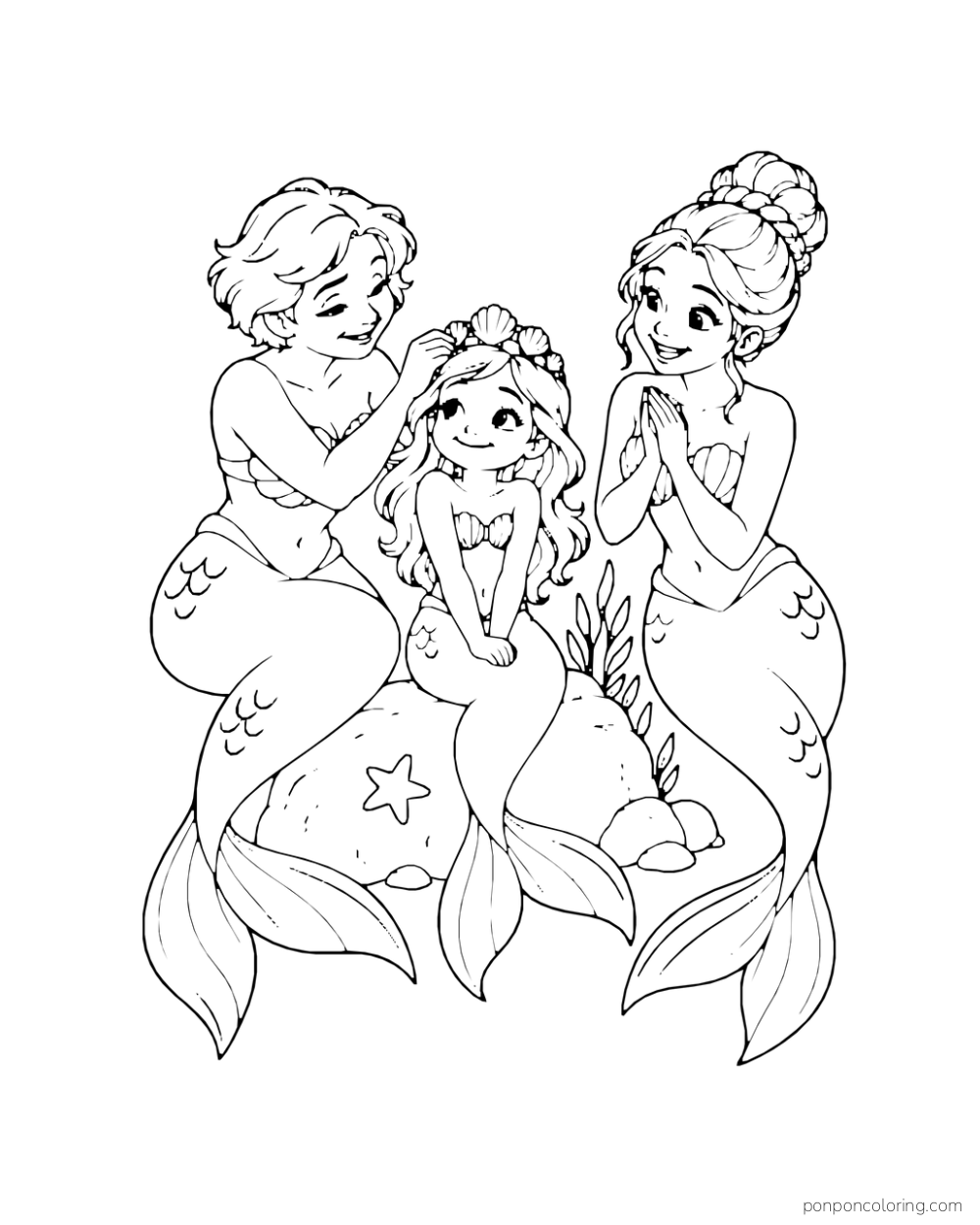 Three mermaids gather around one friend who wears a shell crown.
