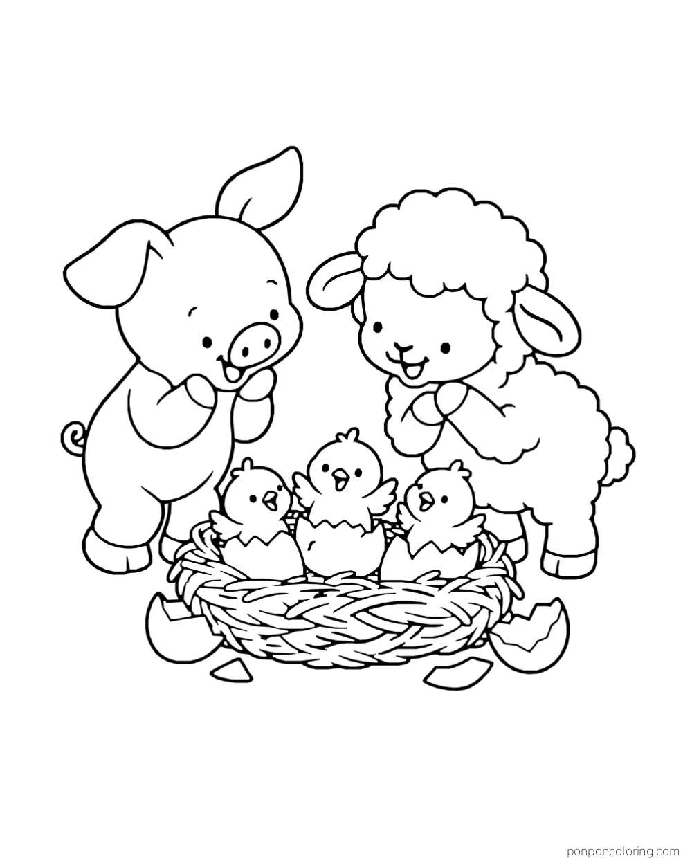 A pig and sheep watch three chicks hatch from eggs in a nest.