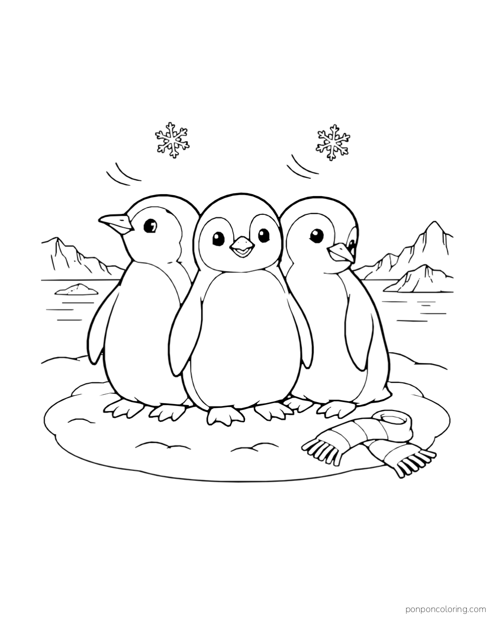 Three penguins stand side by side on a snowy rise with snowflakes above and a scarf on the ground.