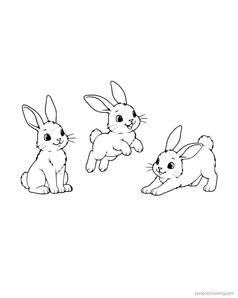 Three little rabbits sit, hop, and stretch across an open white page.