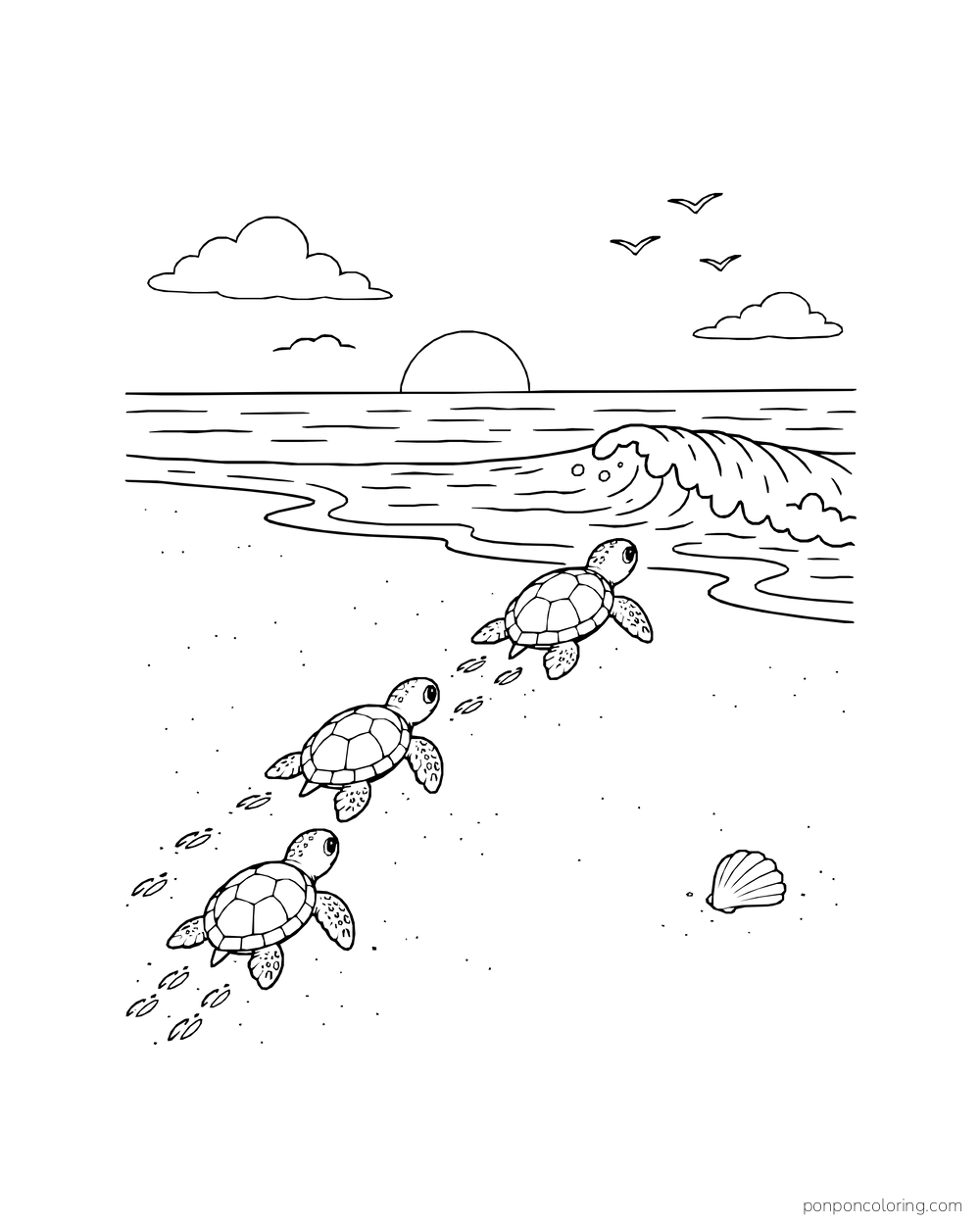 Three little sea turtles cross the sand toward a low curling wave.
