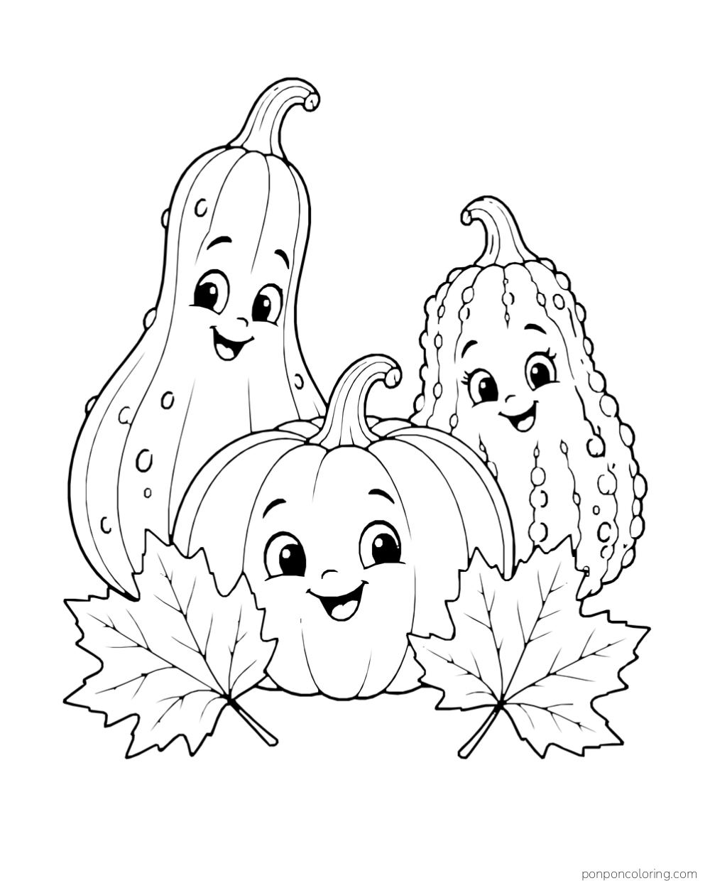 Three smiling gourds of different shapes stand behind two maple leaves.