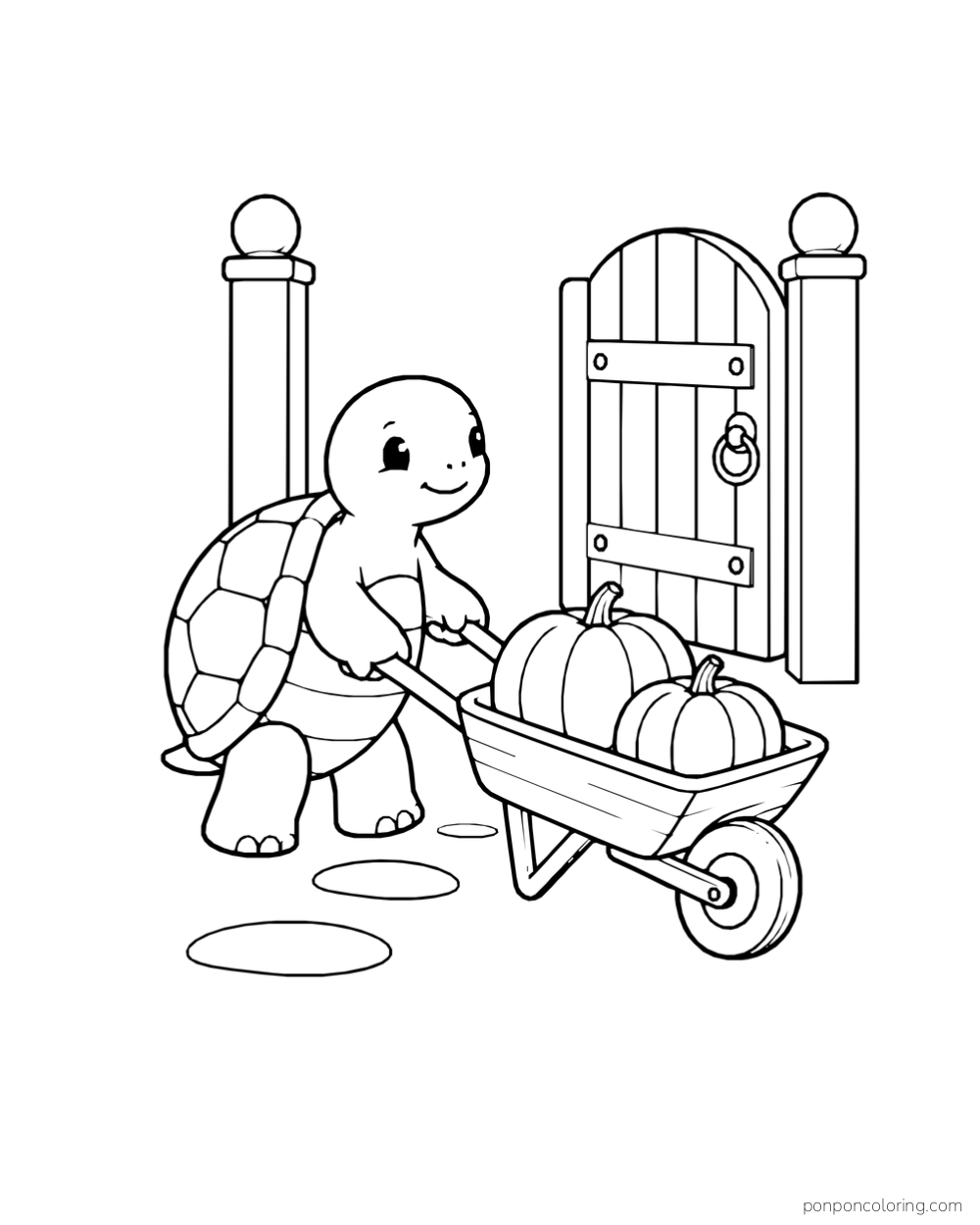 A turtle pushes a wheelbarrow of pumpkins past a wooden gate and stepping stones.