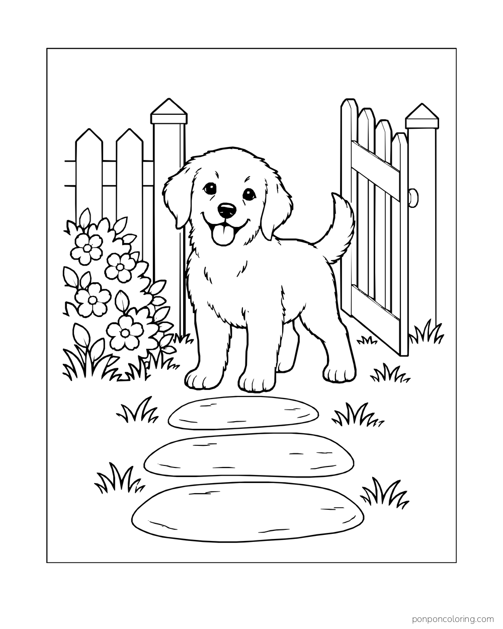 A puppy stands in an open garden gate with a short stepping-stone path and flowers nearby.