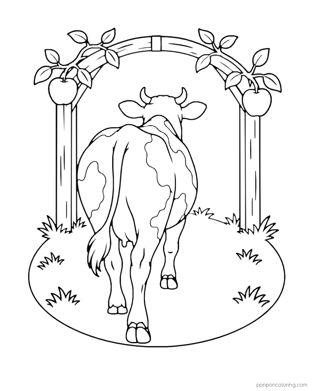 Rear view of a cow walking beneath an arch with fruit and leaves.