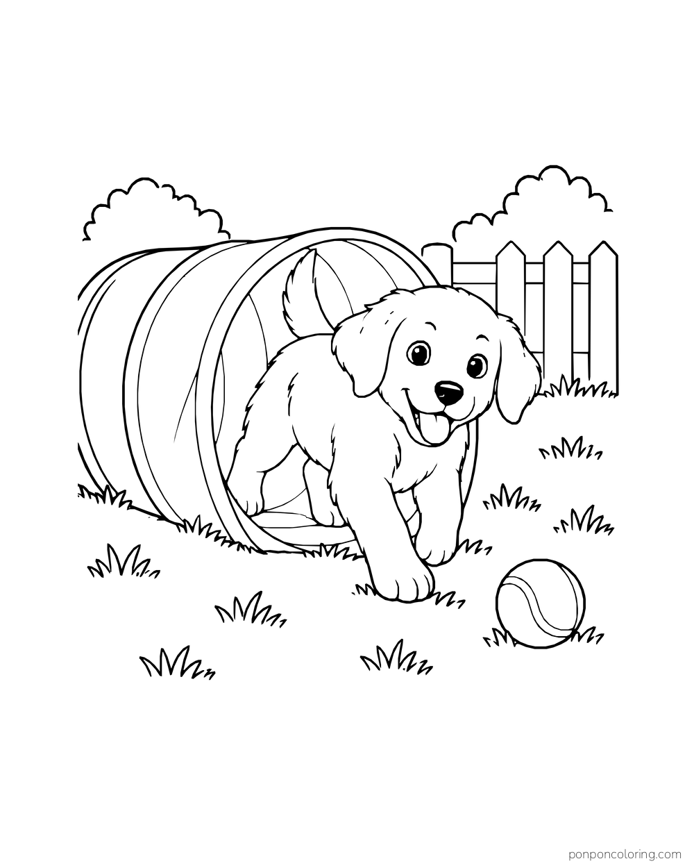 A puppy steps out of a short fabric play tunnel toward a ball in the yard.