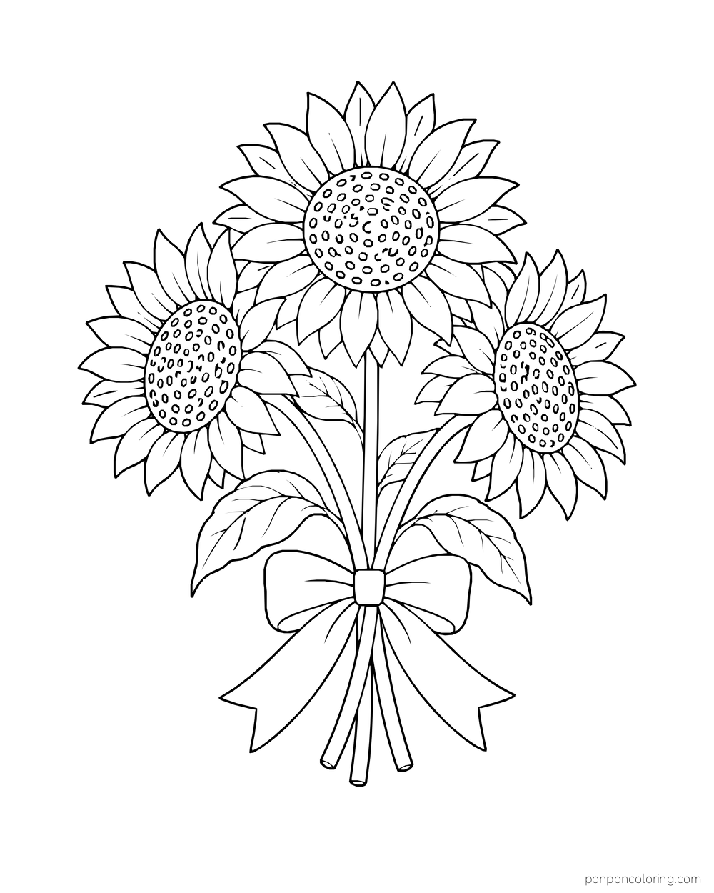 Three cut sunflower stems tied together with a large ribbon bow.
