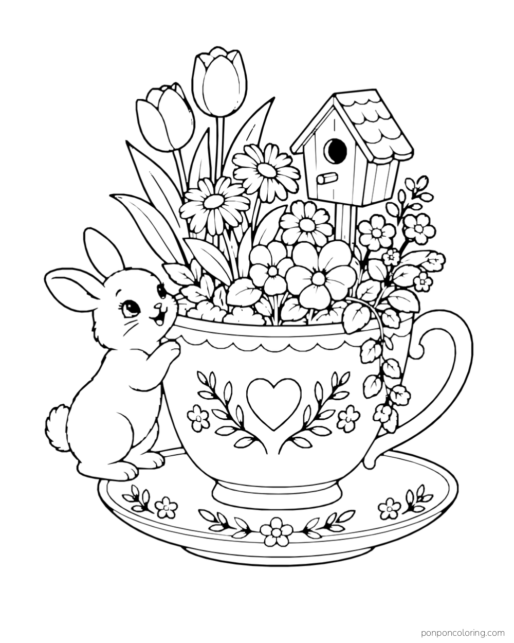 A rabbit stands beside a teacup garden filled with flowers and a miniature birdhouse.