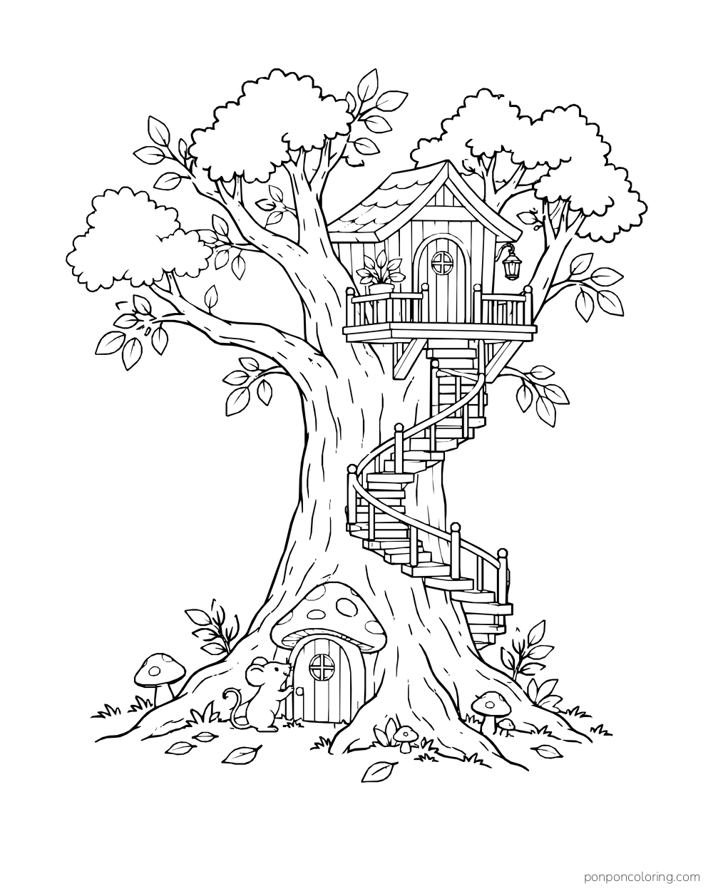 A mouse stands at a tiny door at the base of a tree, with stairs leading to a house above.