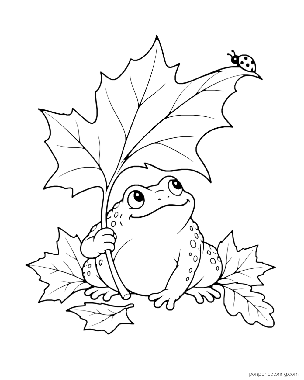 A toad holds a large maple-like leaf overhead with a ladybug on its tip.