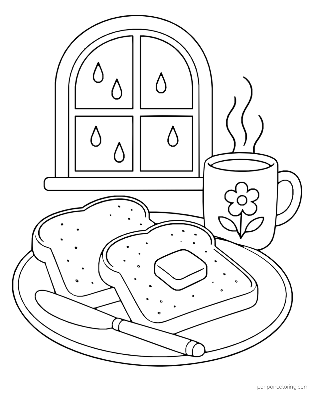 Two slices of toast, a pat of butter, and a knife sit on a plate beside a mug and rainy arched window.