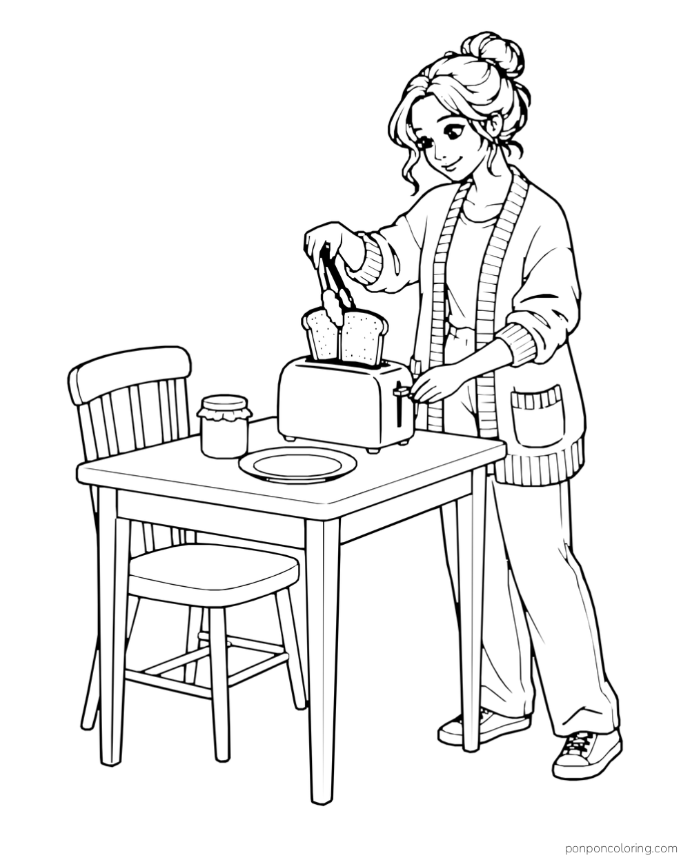A woman lifts toast from a toaster on a small table beside a plate and cup.
