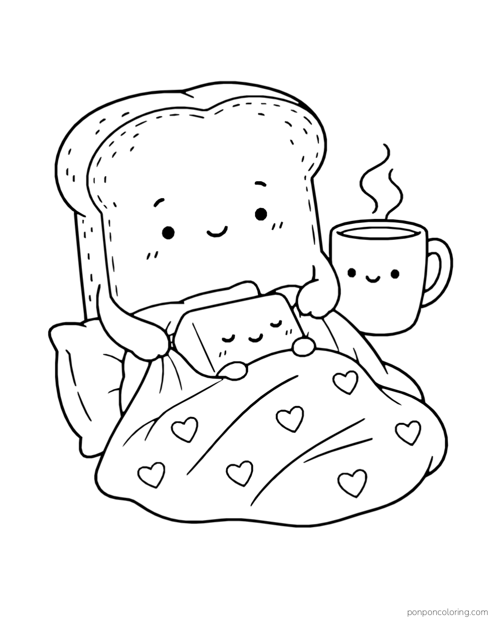 A slice of toast tucks a butter pat under a heart-patterned blanket beside a mug.