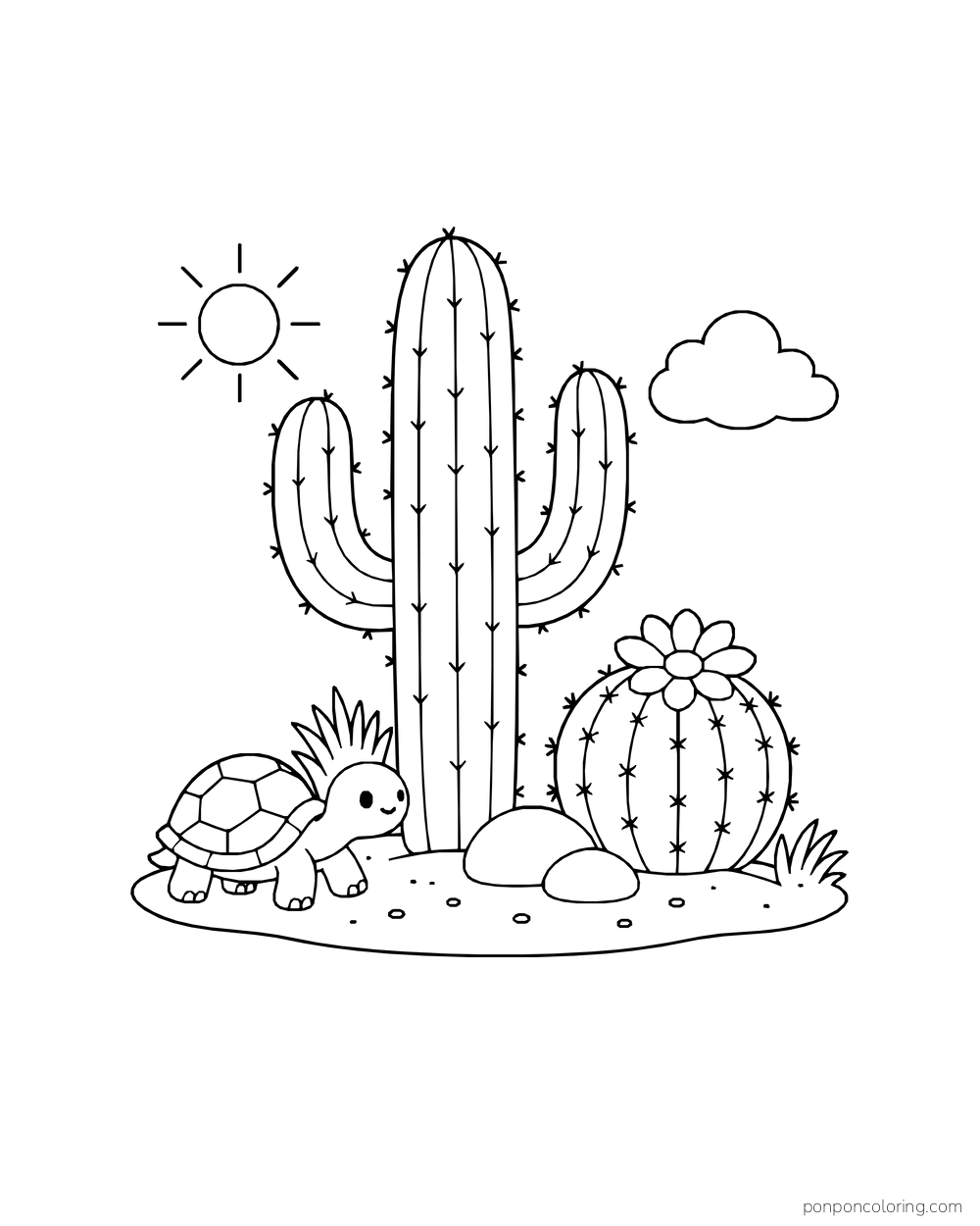 Small tortoise beside a tall branching cactus and flowering barrel cactus, with stones, sun, and cloud.