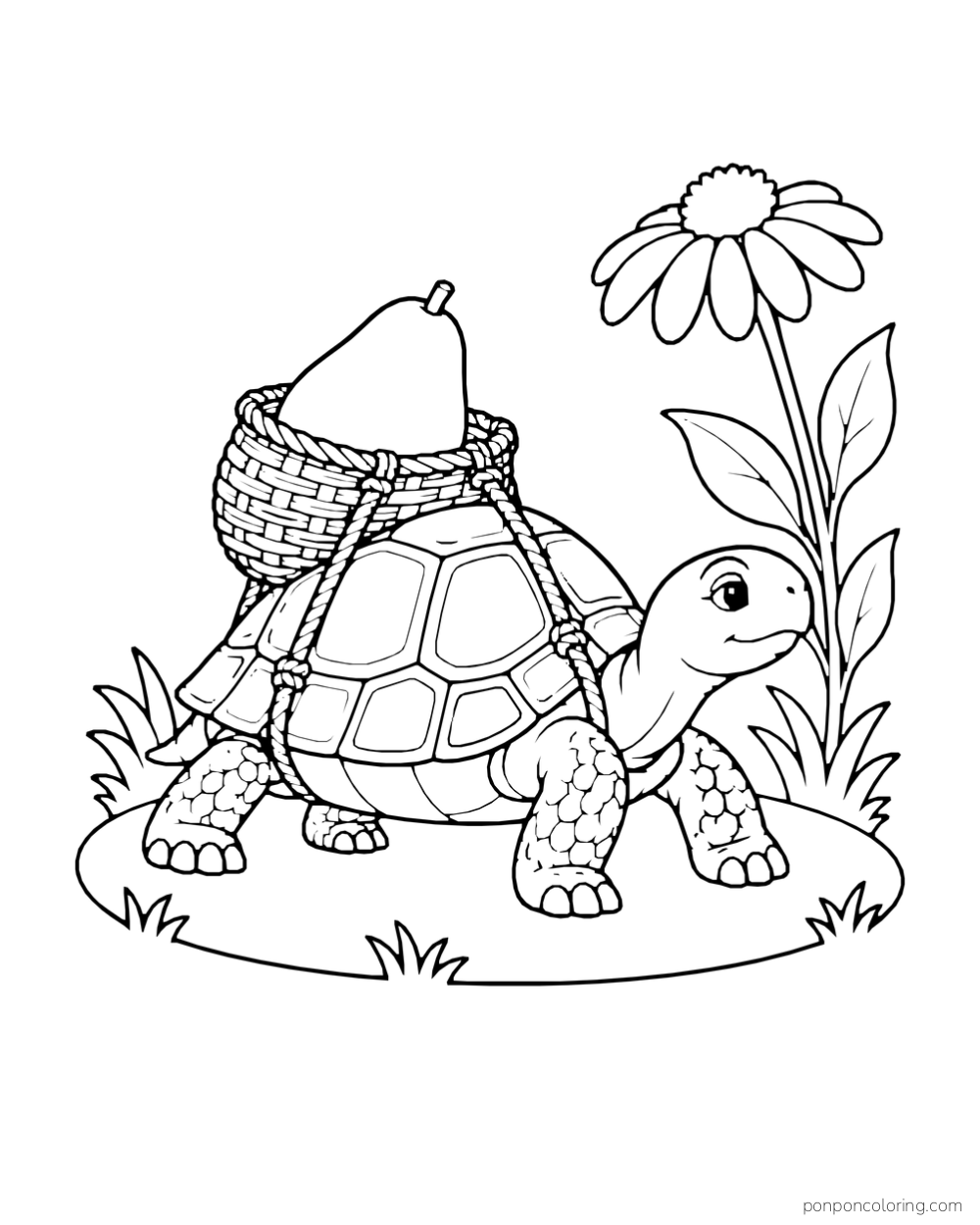 A tortoise carries an avocado in a woven backpack along a garden path beside a flower.