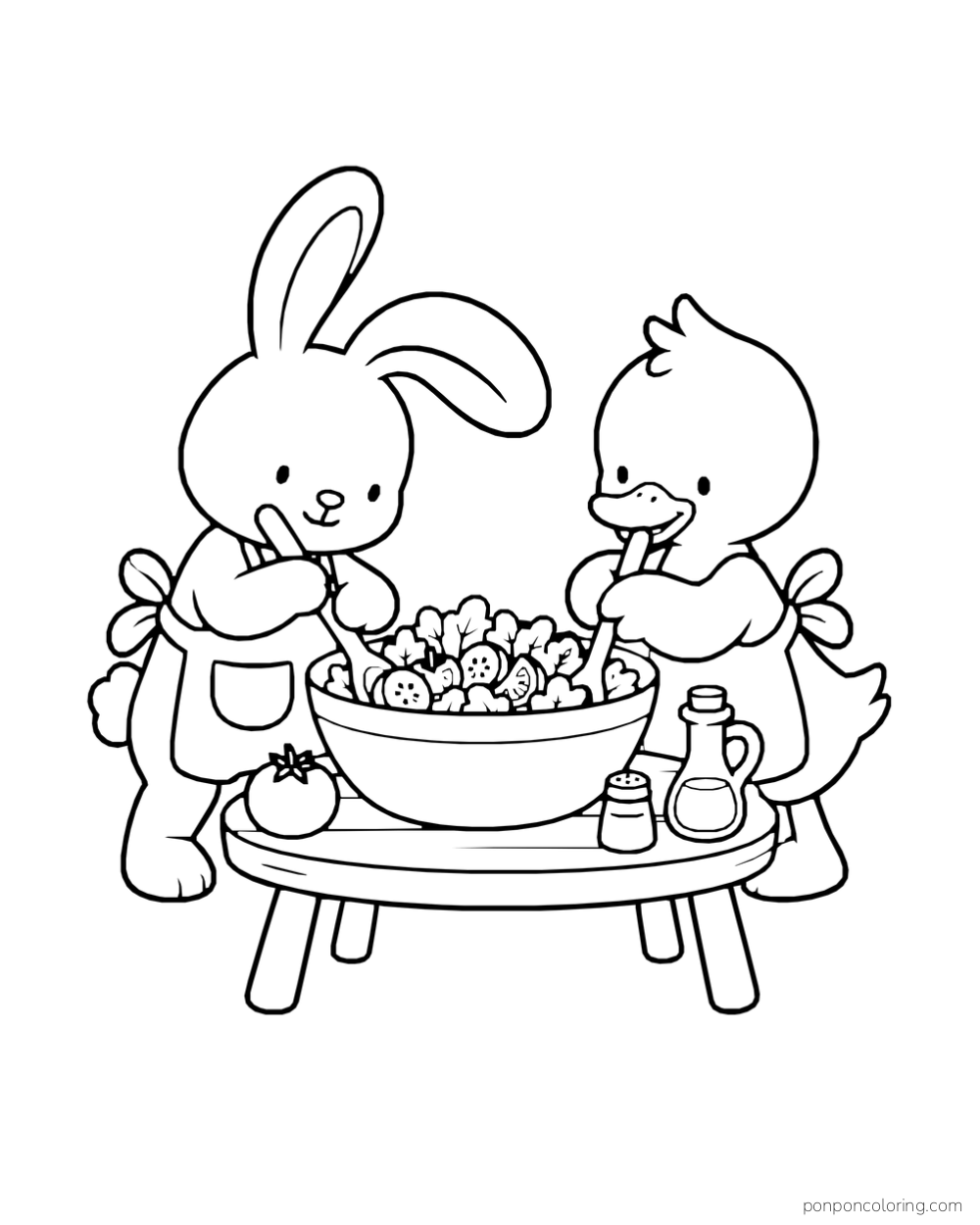 A rabbit and duck stir a large salad bowl together at a small table.