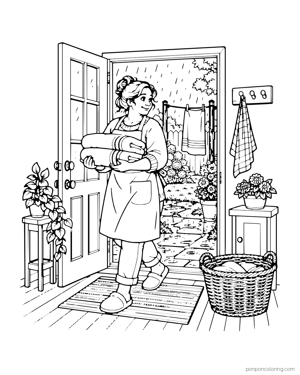 A woman carries folded towels through a doorway as rain falls outside.