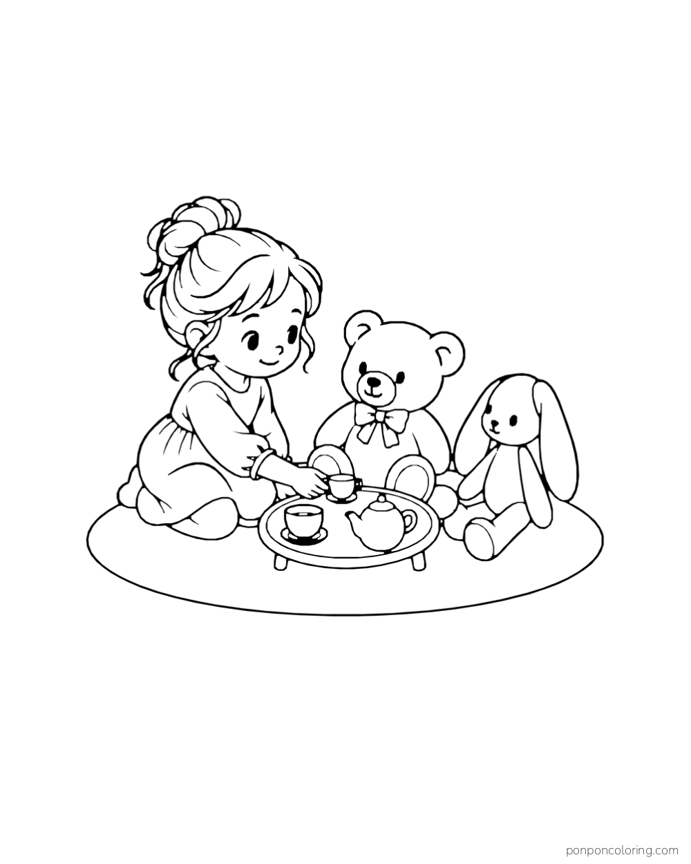 Child serves a toy tea set to a teddy bear and floppy-eared rabbit toy.