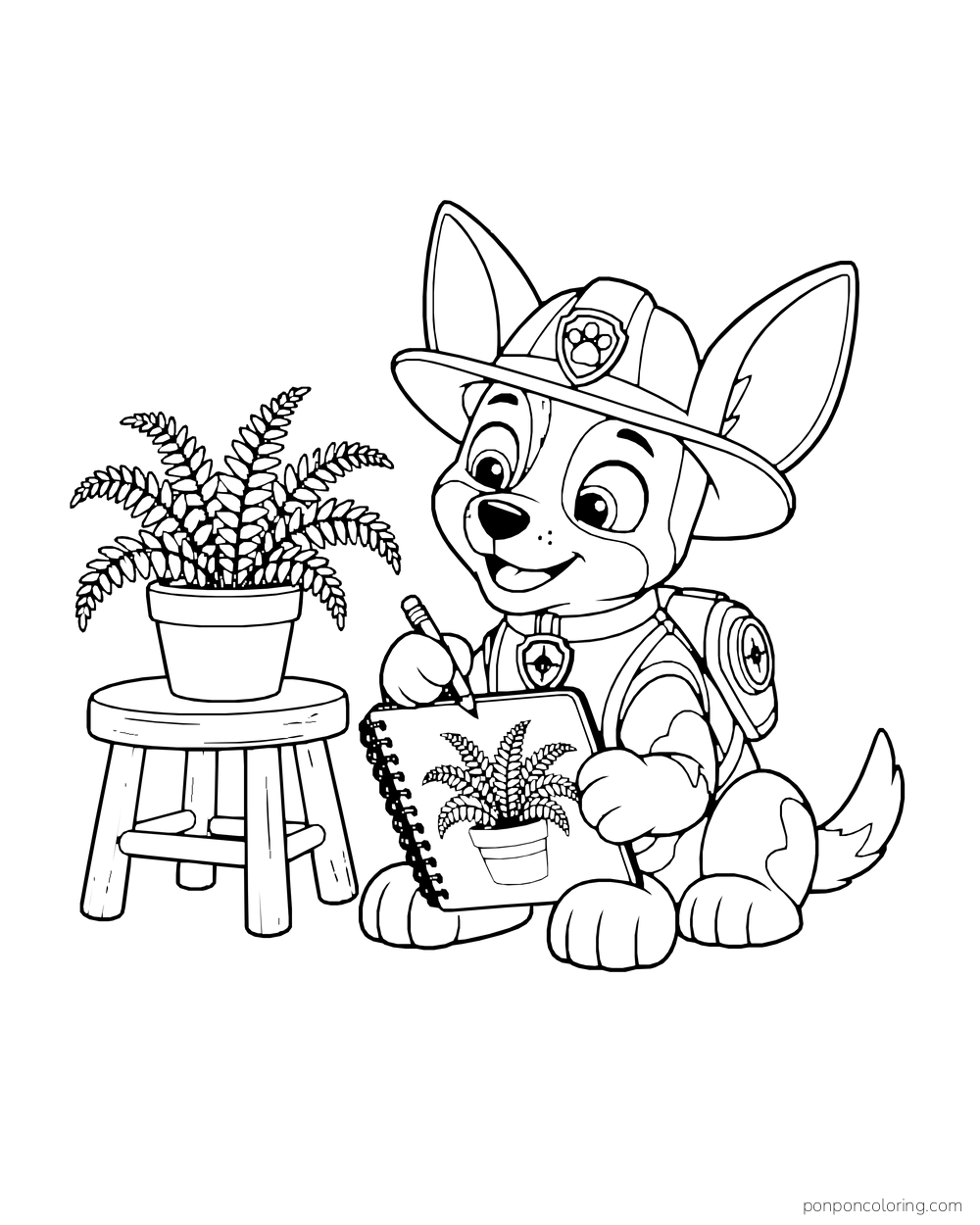 Tracker draws a potted fern in a sketchbook beside the plant on a stool.