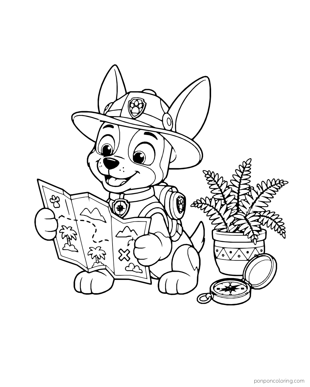 Tracker studies a map beside a compass and potted fern.